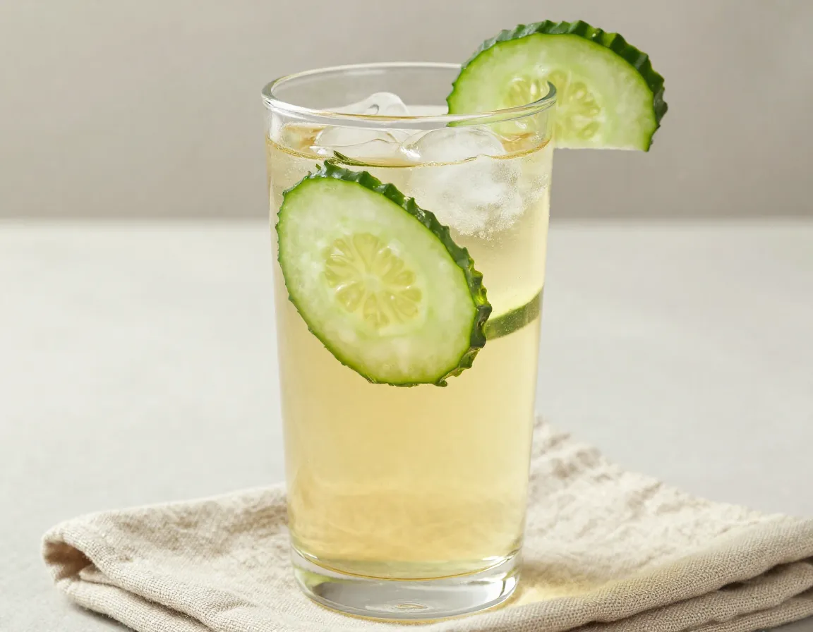 Delicate white tea cold brew with thin cucumber slices garnish