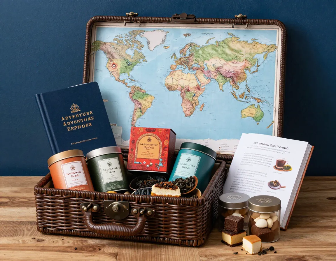 Adventure explorer tea basket with world map and exotic blends