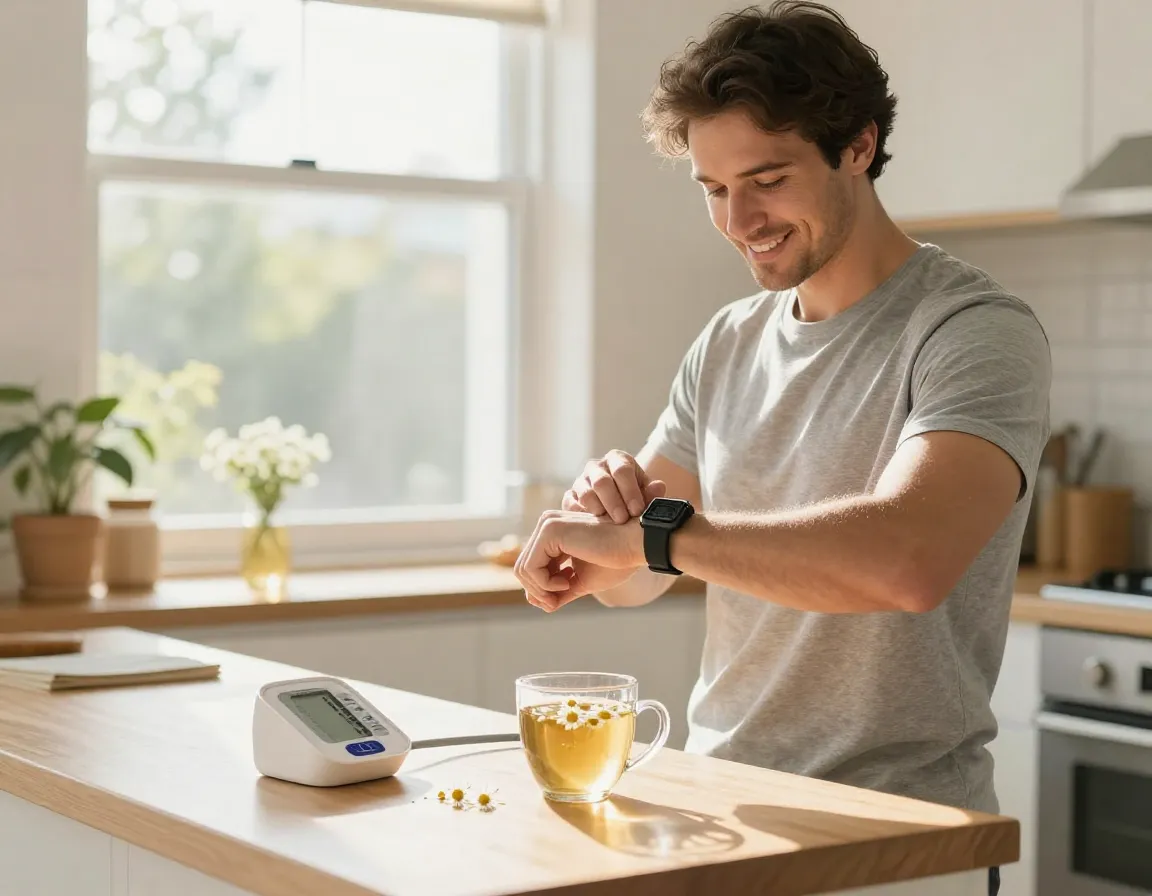 Chamomile tea contributes to cardiovascular health during mans morning routine
