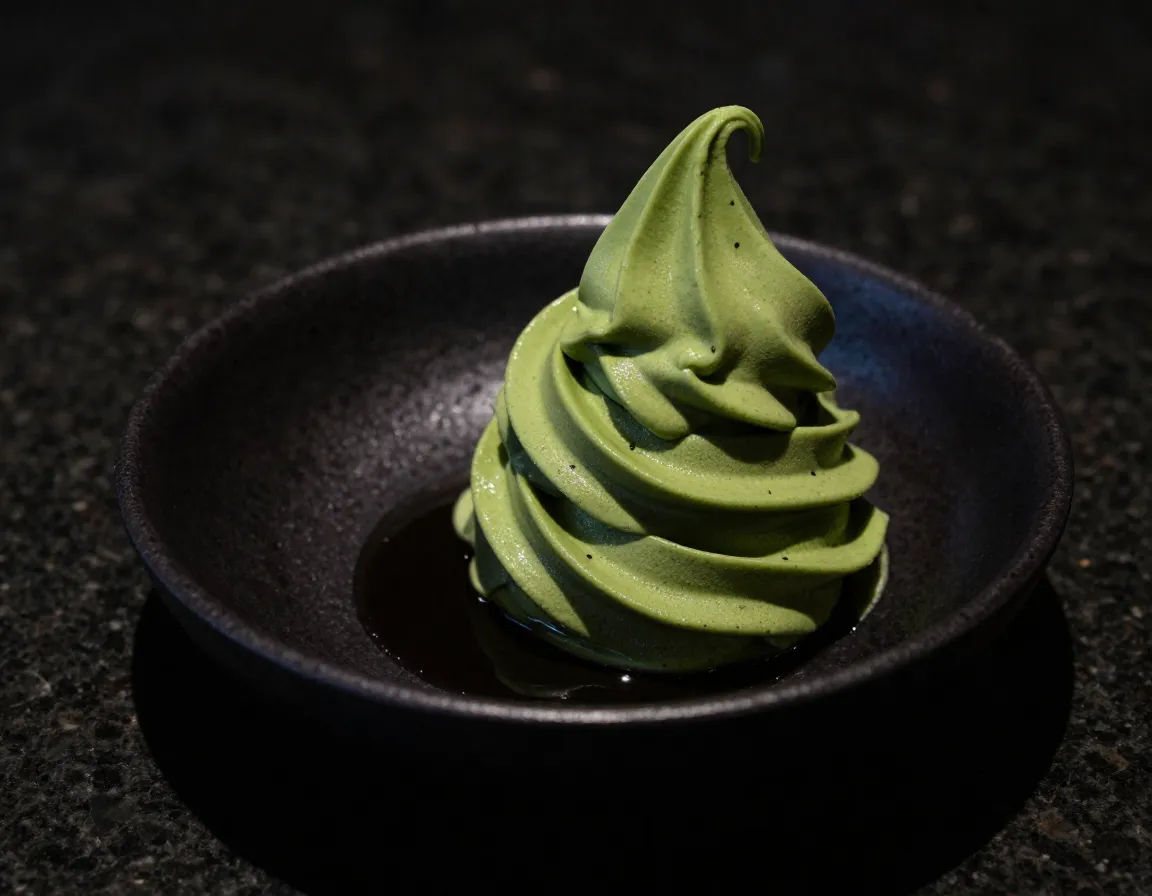Matcha sesame harmony soft serve in a black ceramic dish