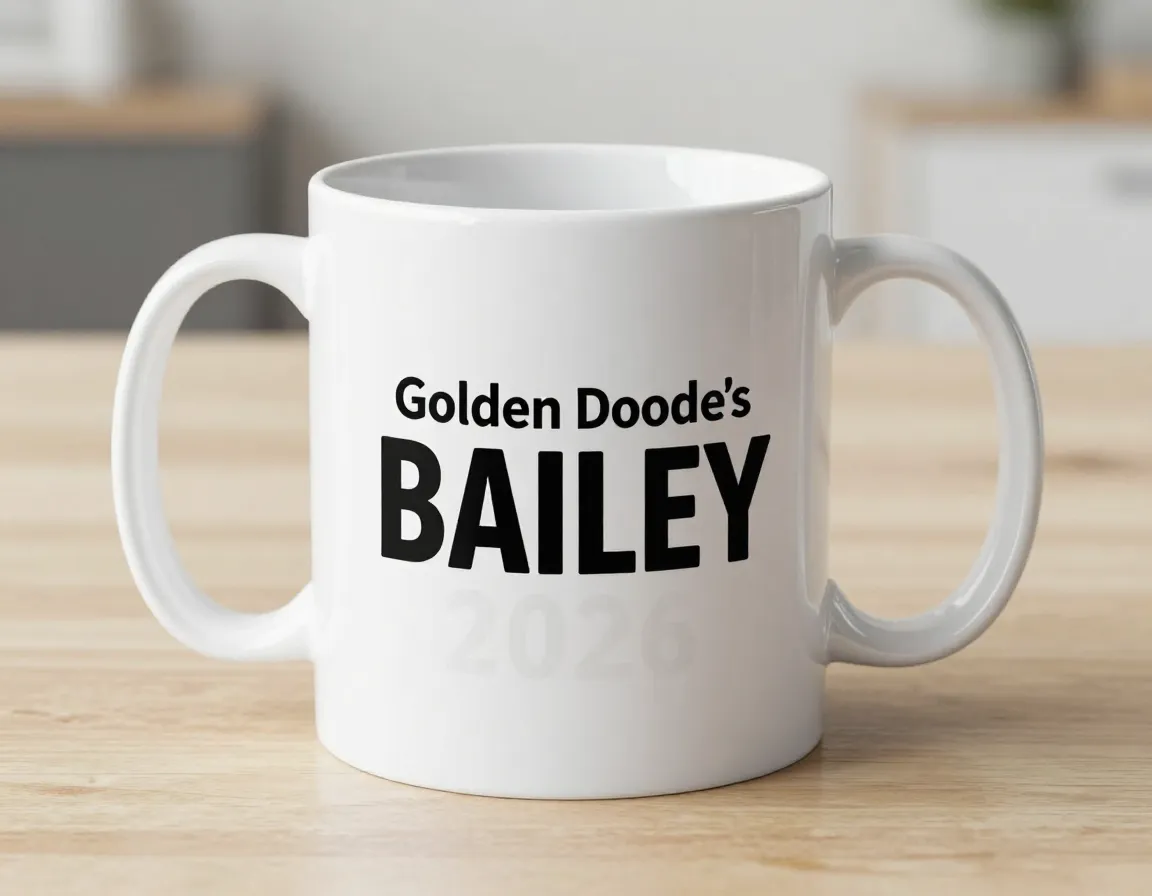 Personalized white mug with dog name and 2026 design