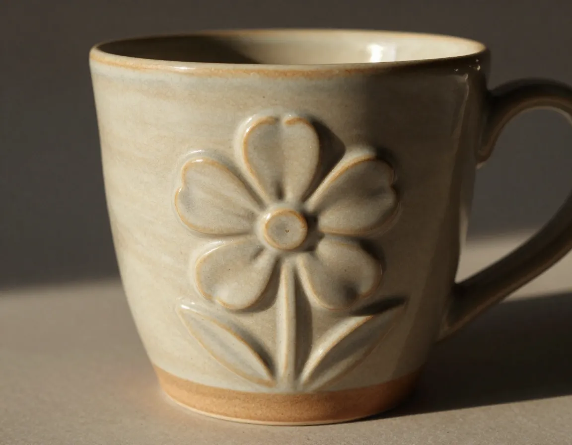 3d textured mug with raised flower pattern casting shadows