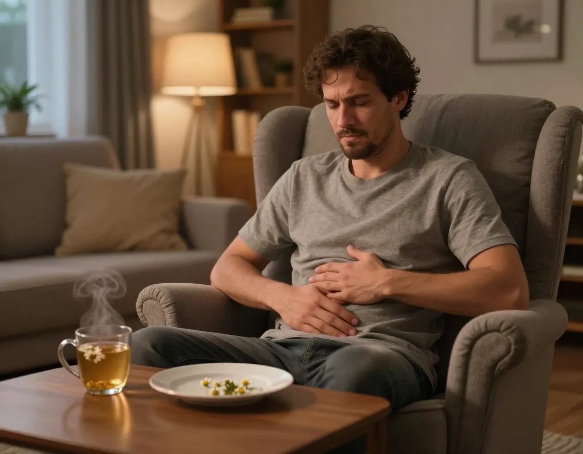Chamomile tea soothes digestive system for man after a large meal
