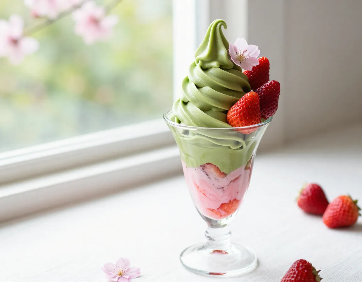 Matcha strawberry sakura swirl soft serve with fresh berries