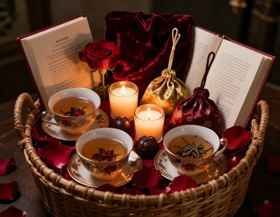 Romantic evening basket with rose tea chocolate and elegant teaware