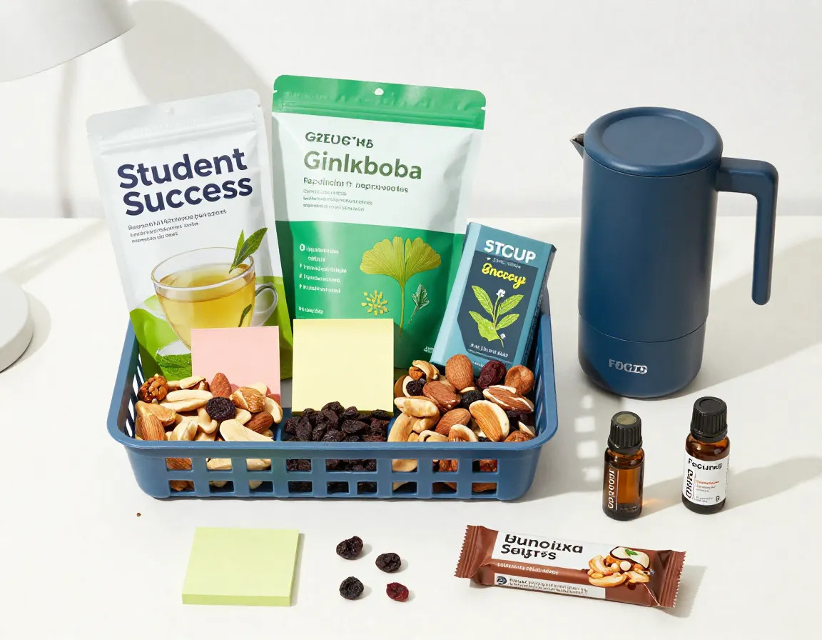 Student success basket with focus tea study snacks and motivation