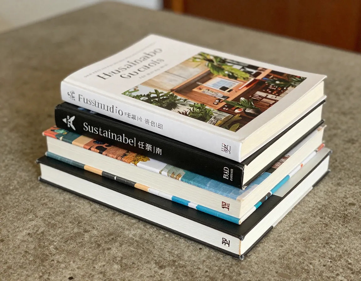 A stack of three niche books reflecting a personal passion like sustainable design or a craft