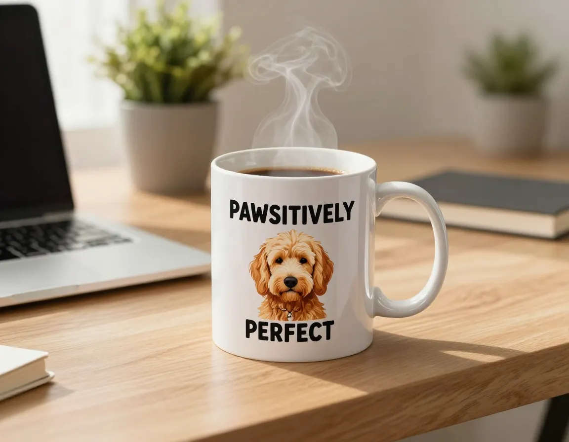 Funny puns golden doodle mug on desk with coffee