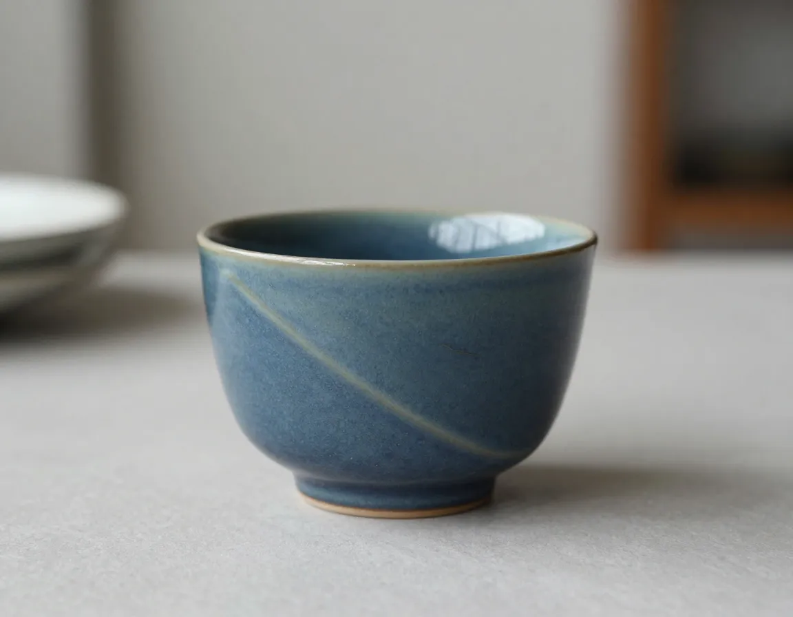 Organic shaped ceramic cup in deep blue with handcrafted marks