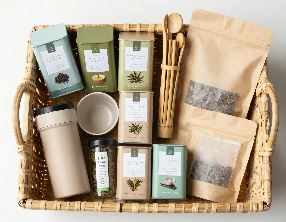 Eco conscious sustainable basket with organic tea and reusable accessories