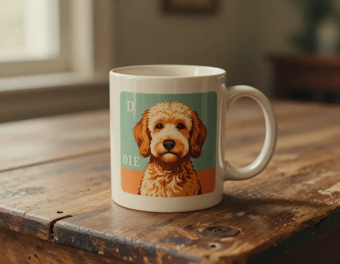 Vintage retro styled golden doodle mug on wooden table