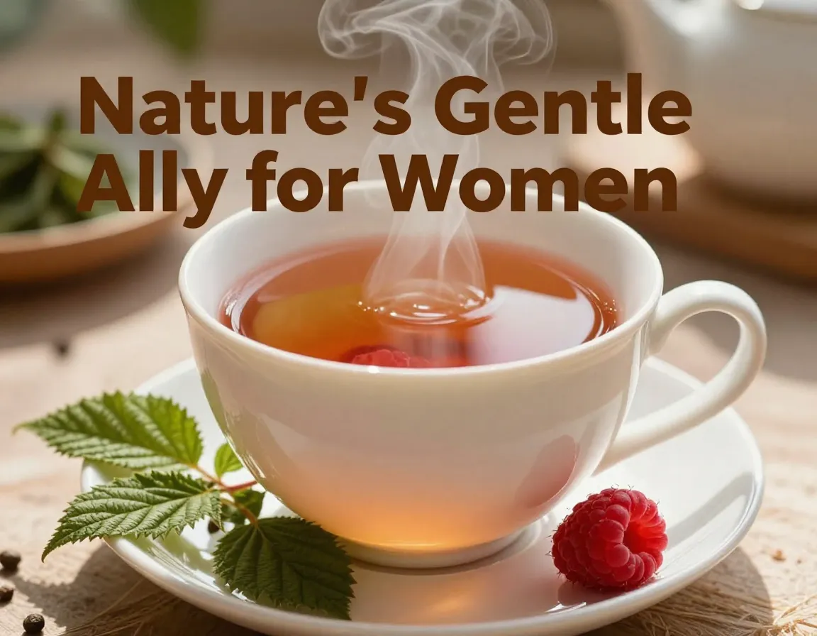 Closeup raspberry leaf tea cup berries morning sunlight womens wellness