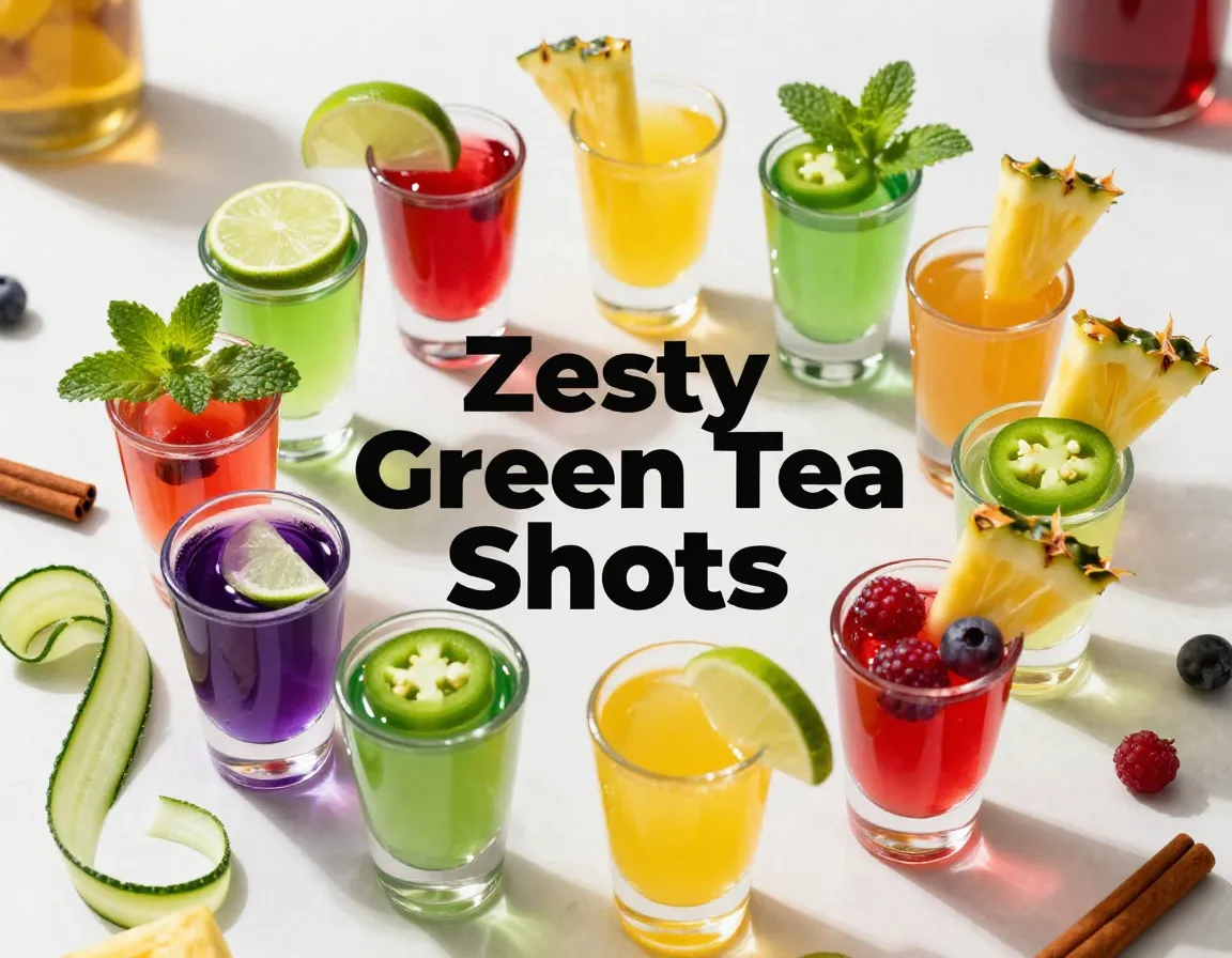 Eight vibrant cocktail shots with fresh ingredients overhead view