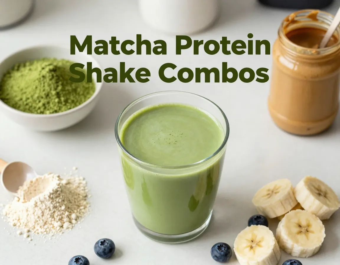 Matcha protein shake ingredients wooden counter morning light