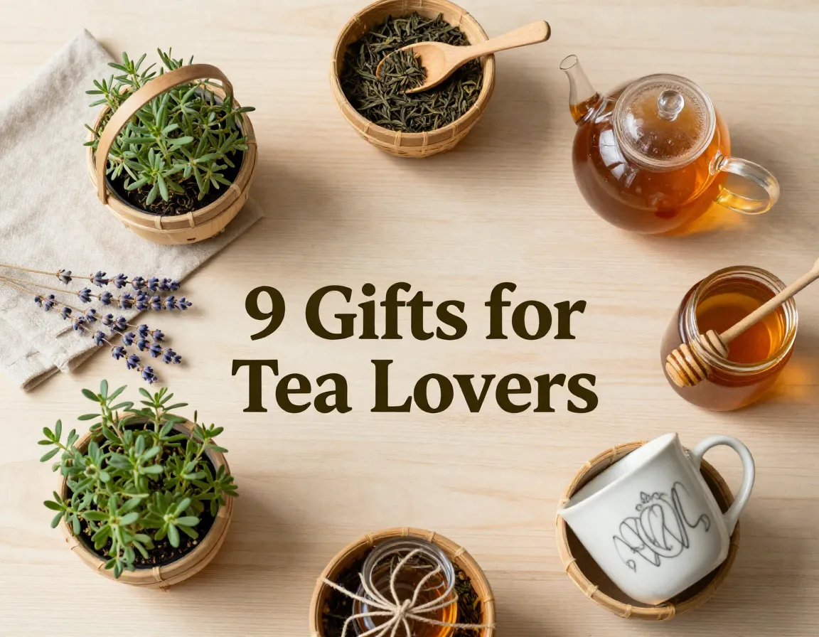 Nine personalized tea gift baskets flat lay natural arrangement