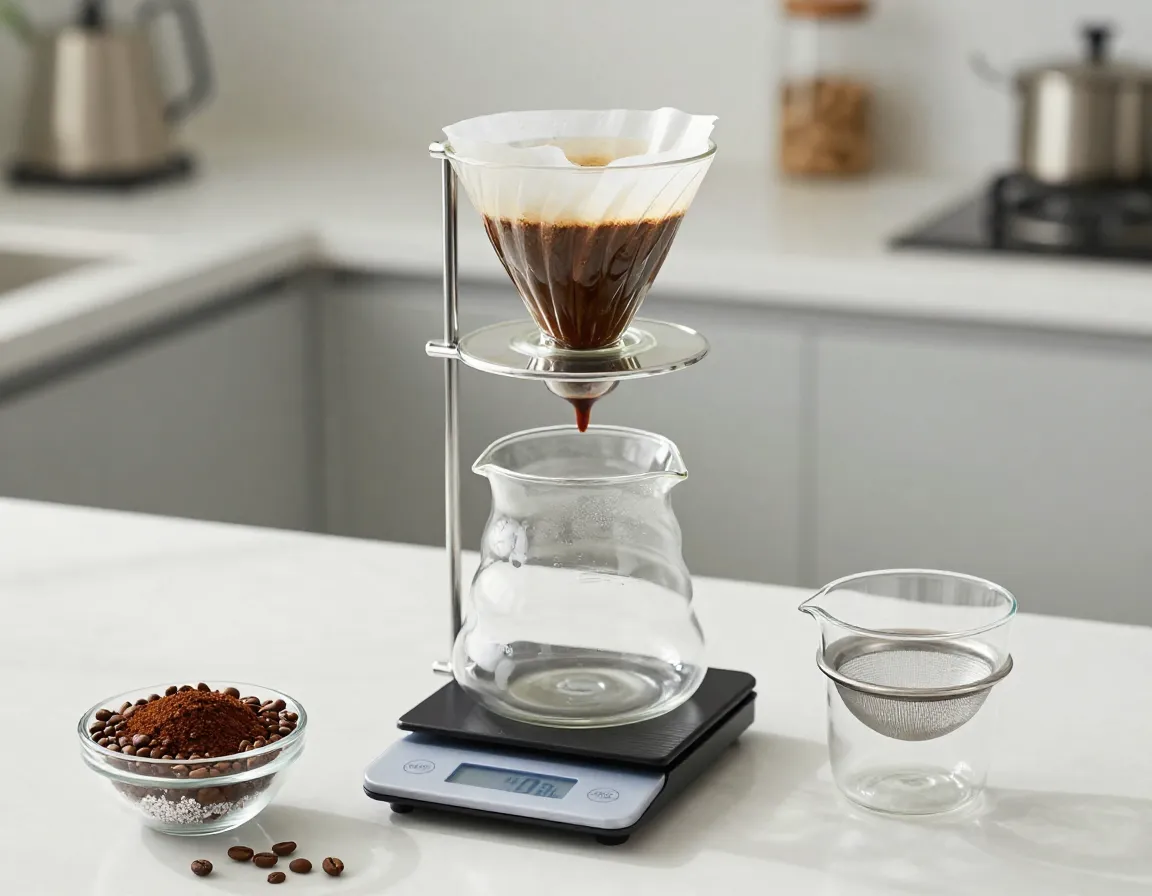 Classic smooth cold drip coffee brewing setup with coarsely ground beans