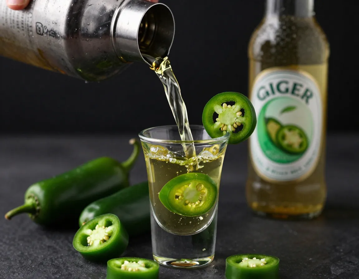 Spicy jalapeno green tea shot with ginger beer garnish