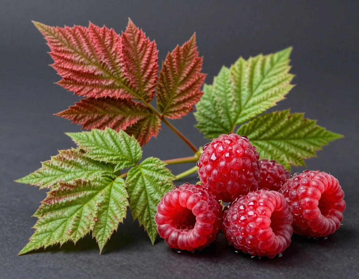 Close up of red raspberry leaves and fresh berries highlighting antioxidants