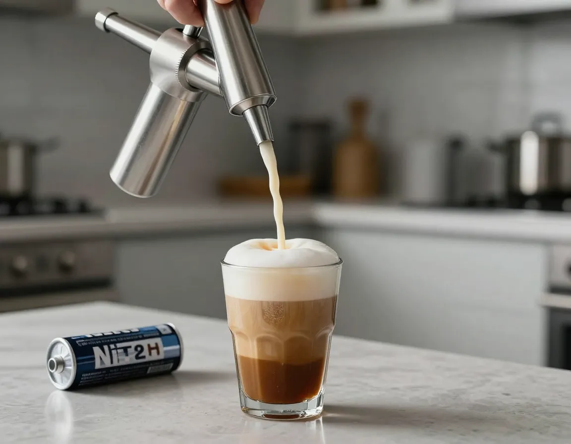 Nitro style creamy cold drip being dispensed from a whipped cream charger