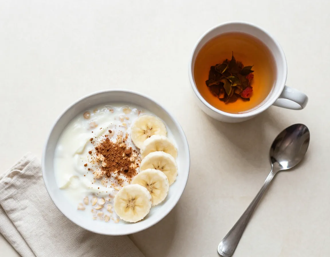 A cup of red raspberry leaf tea beside a healthy digestive breakfast