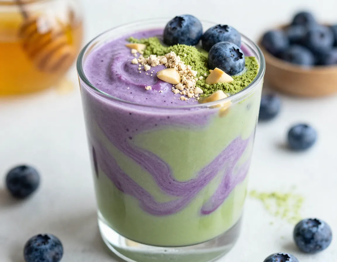 Blueberry vanilla matcha protein shake with purple swirl