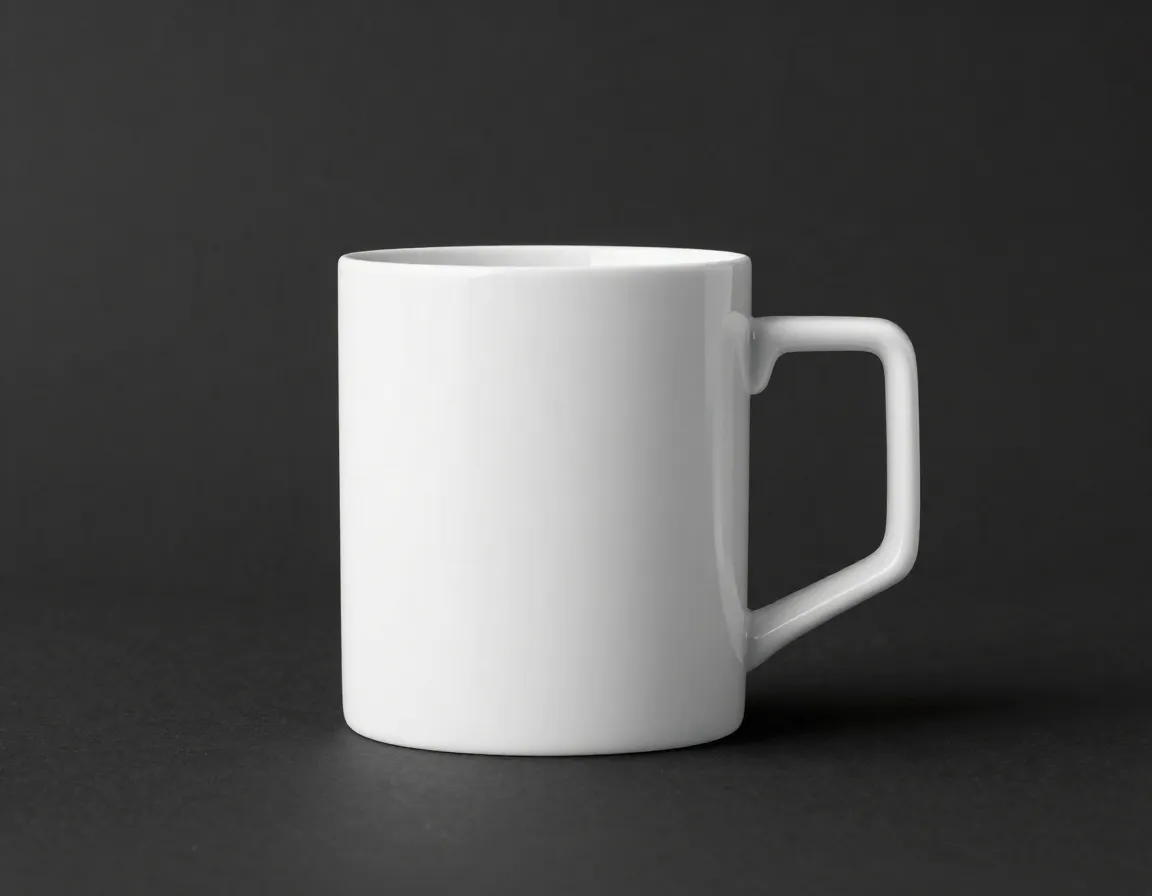 Geometric minimalist white coffee mug silhouette on dark background