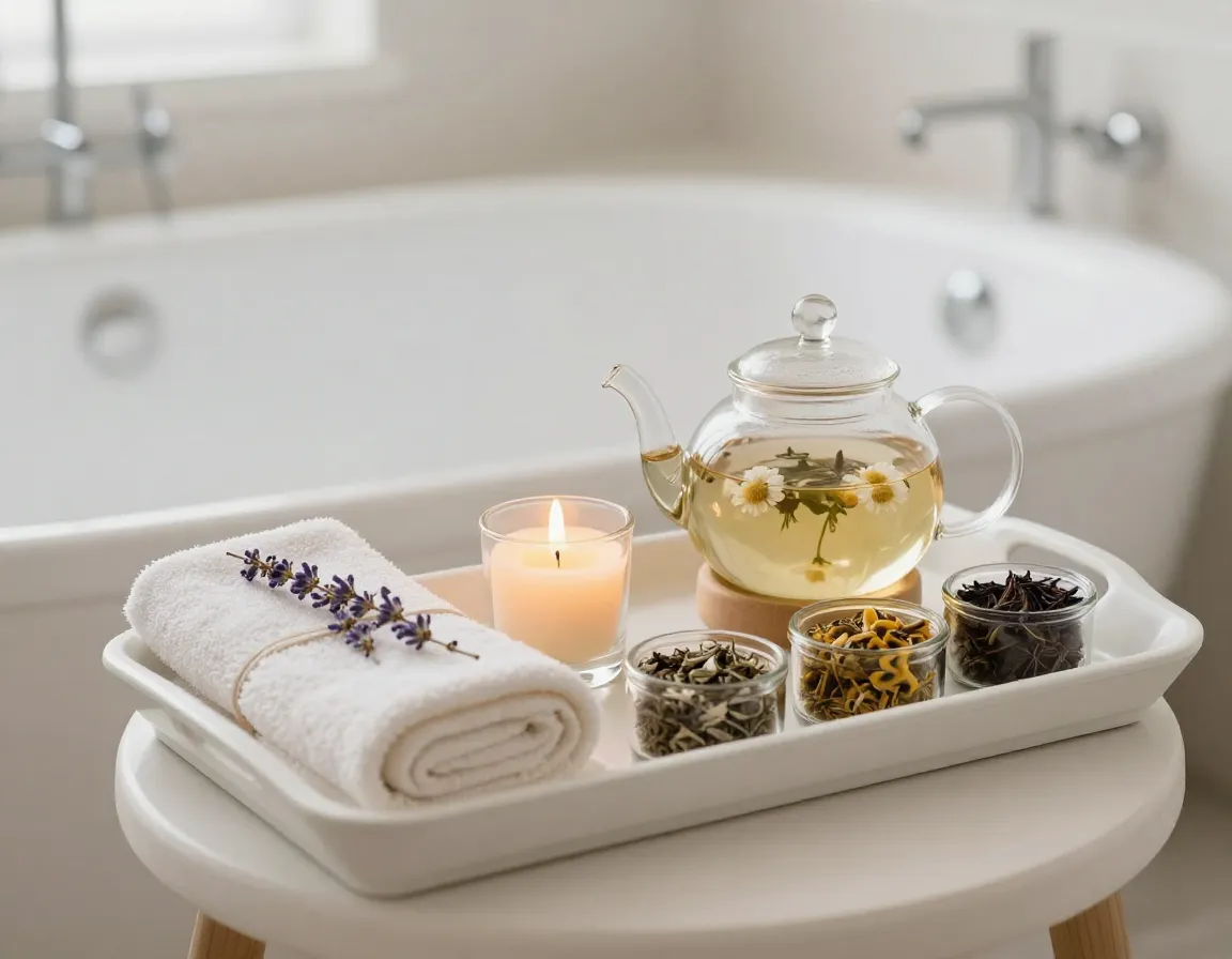 Spa day serenity retreat glass teapot candle washcloth relaxing teas
