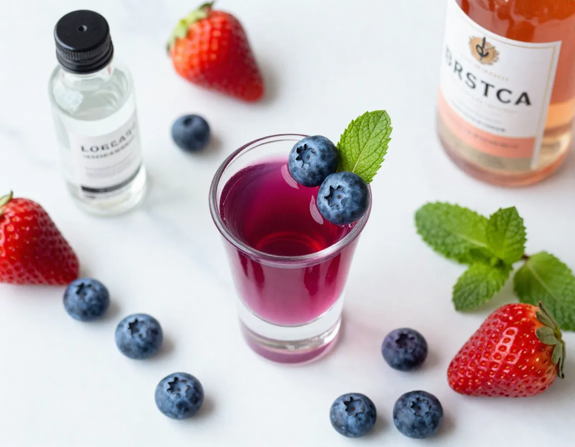 Berry blast green tea shot with fresh blueberries garnish