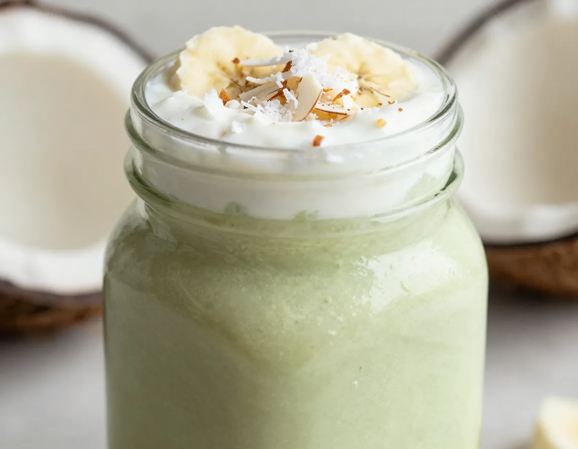 Creamy coconut matcha protein shake in a jar with sea salt