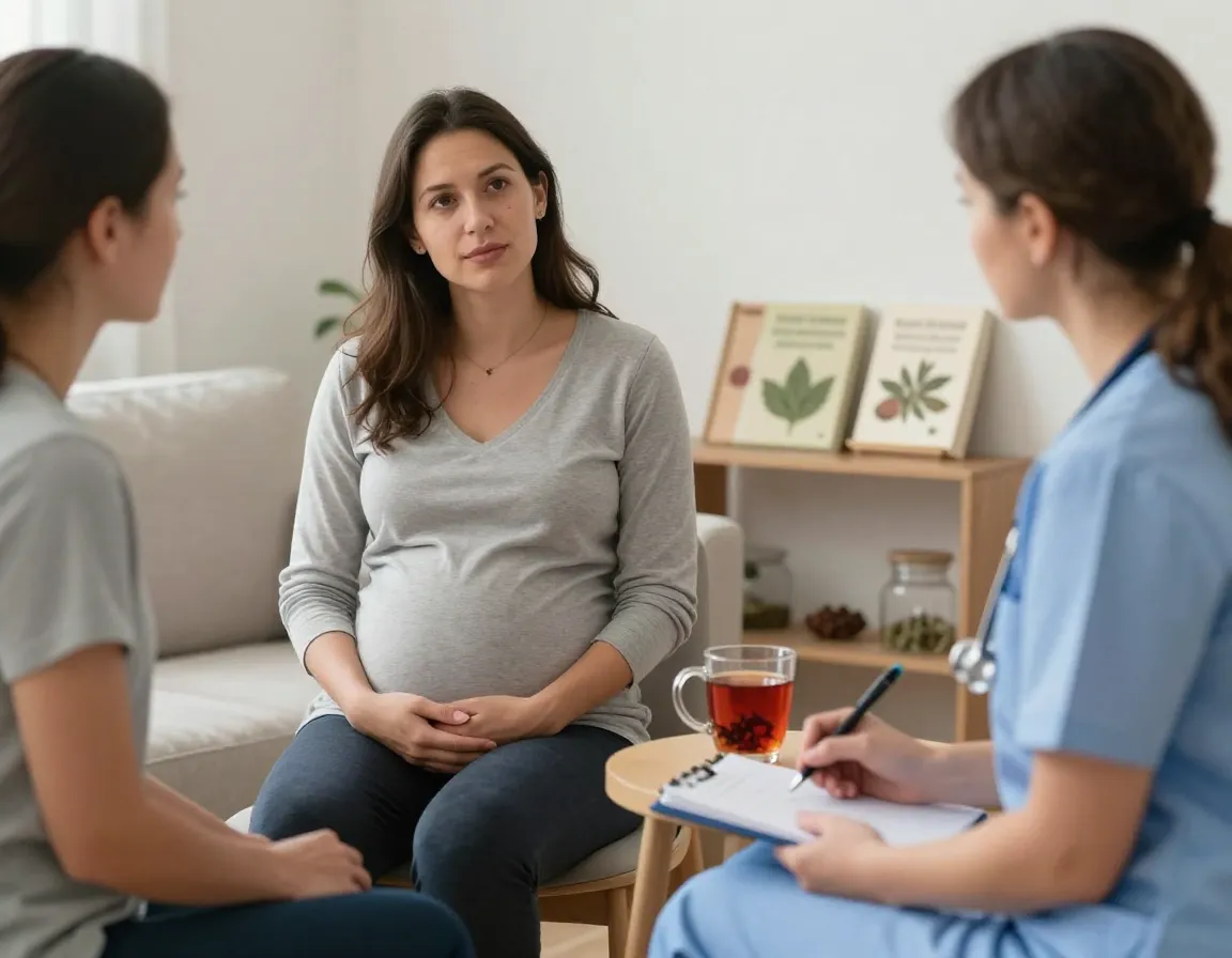 Pregnant woman consulting a midwife about red raspberry leaf tea