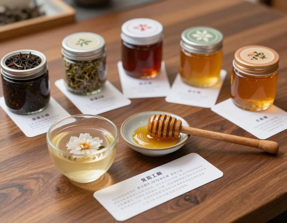 Tea honey artisan pairing wooden dipper tasting card gourmet jars