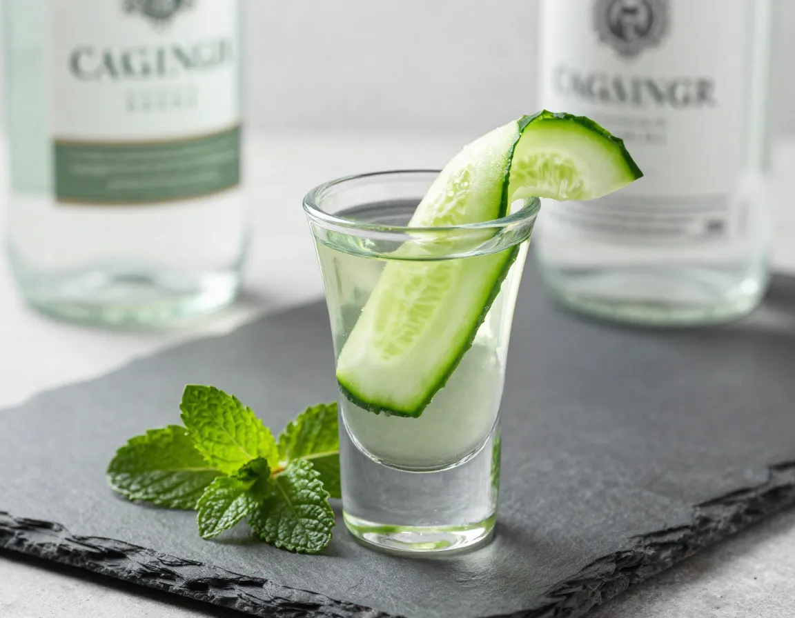 Cucumber mint green tea shot with cucumber ribbon garnish