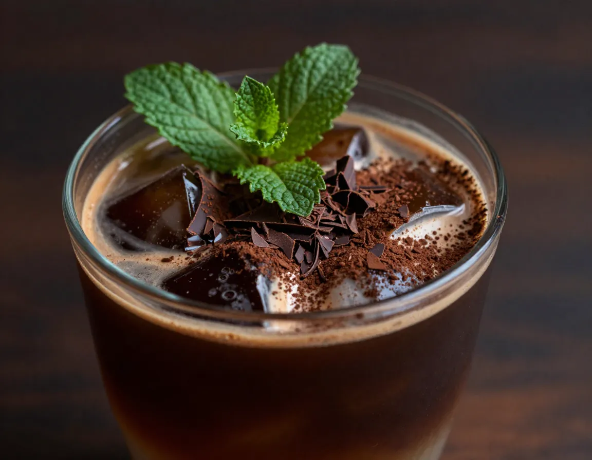 Mocha mint cold drip with cocoa powder dark chocolate shavings garnish