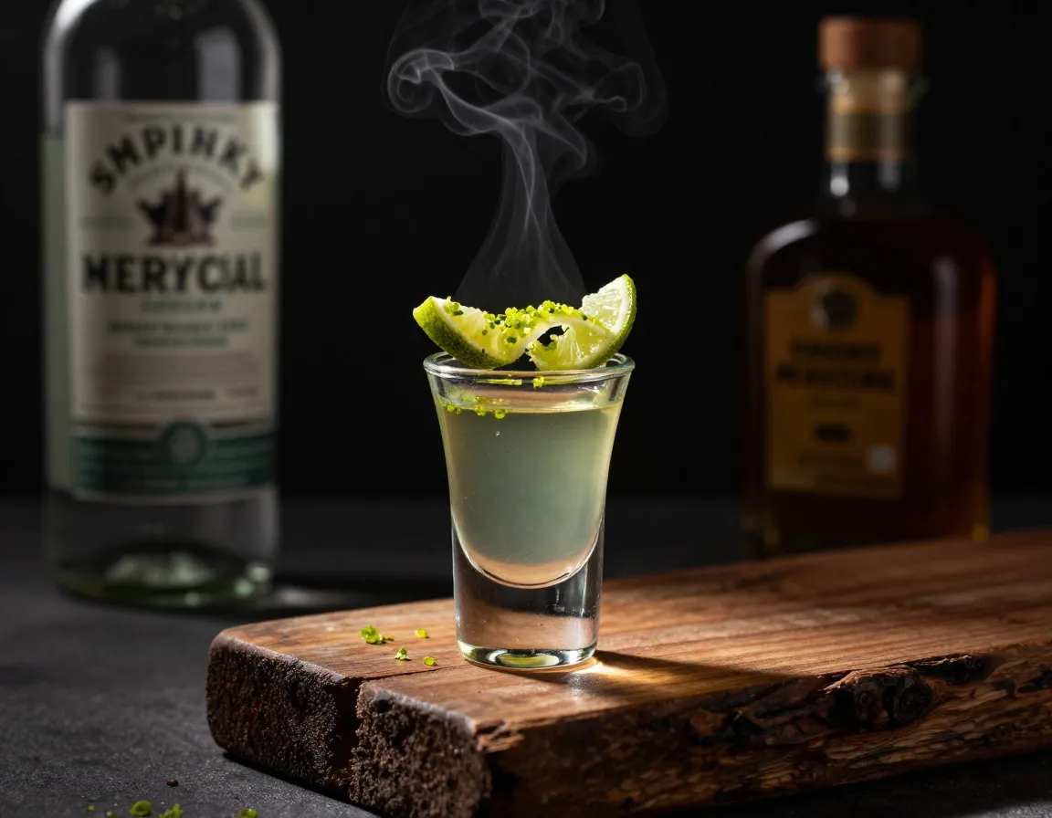 Smoky mezcal green tea shot with lime zest garnish