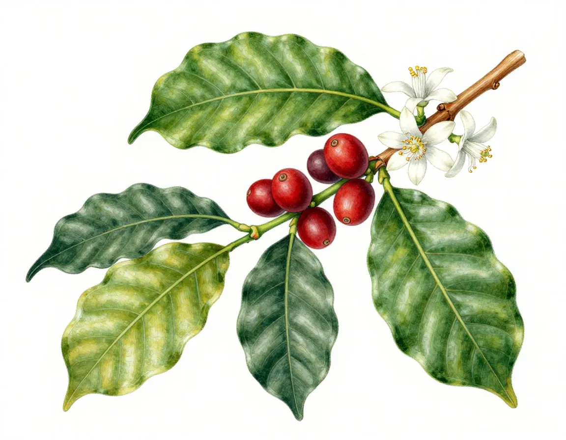 Detailed botanical illustration of coffee plant branch with cherries