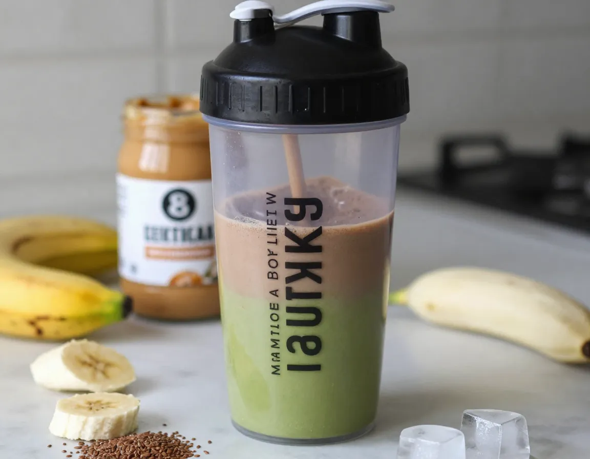 Peanut butter matcha protein shake in a shaker bottle