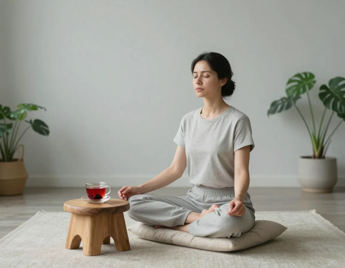 Woman meditating with red raspberry leaf tea for daily stress management