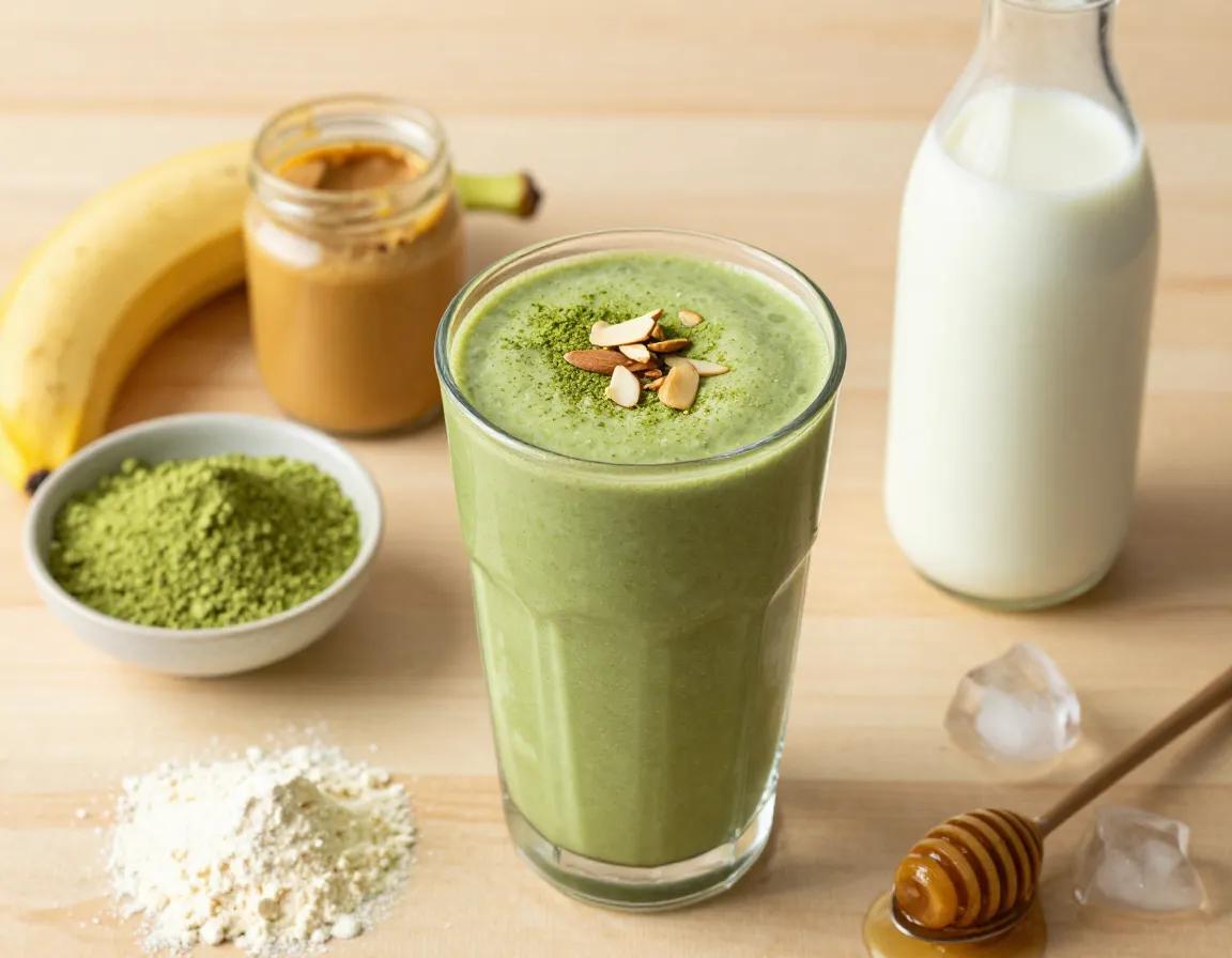 Classic vanilla matcha protein smoothie in glass on wood table