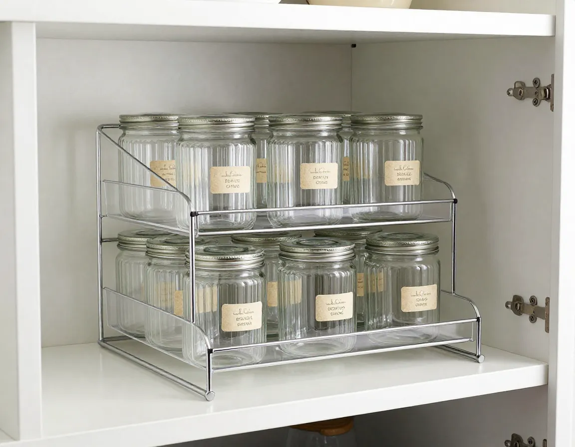 Tiered shelf organizer displaying multiple rows of tea jars