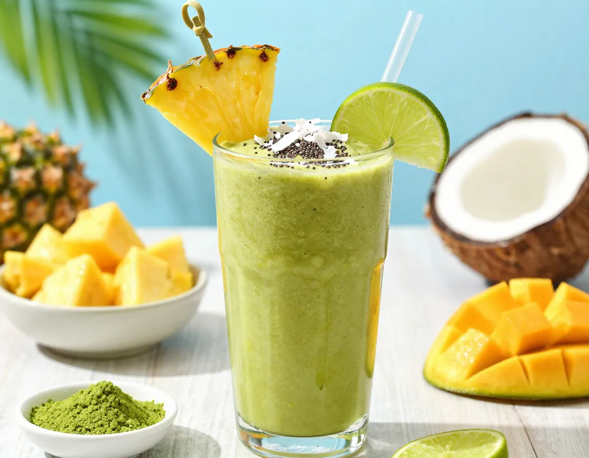 Tropical paradise matcha smoothie with pineapple mango garnish