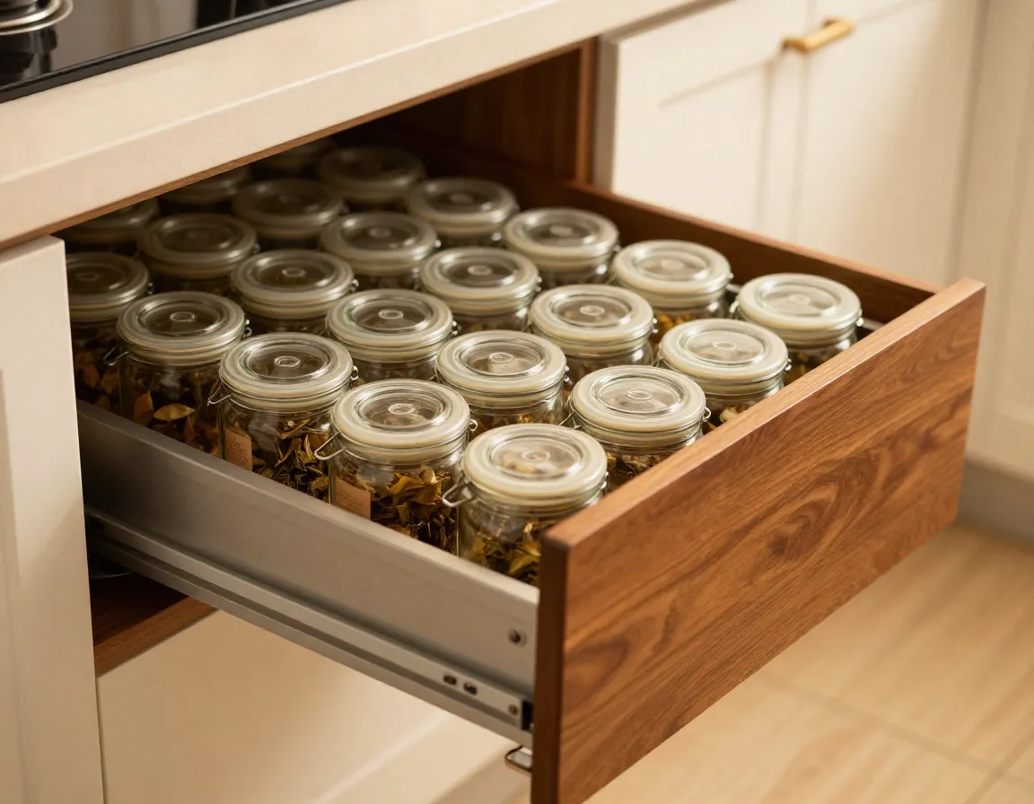 Pull out drawer system filled with airtight tea storage jars