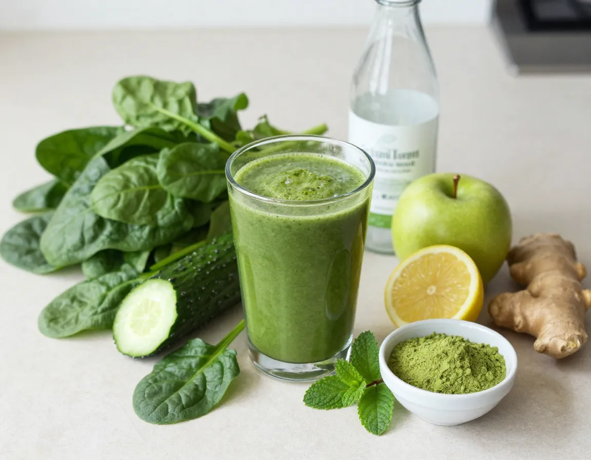 Green goddess matcha smoothie with spinach cucumber apple