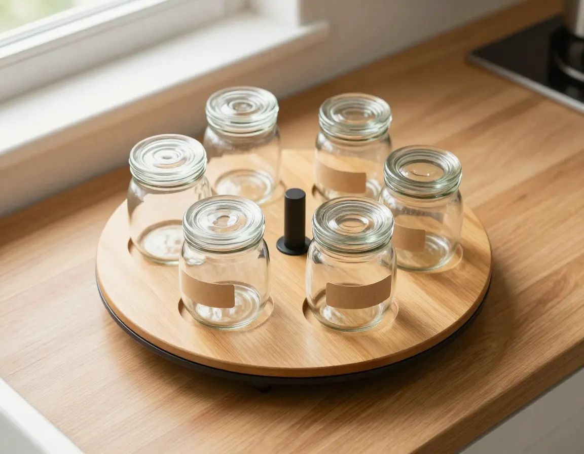 Lazy susan rotating organizer with tea jars on kitchen counter