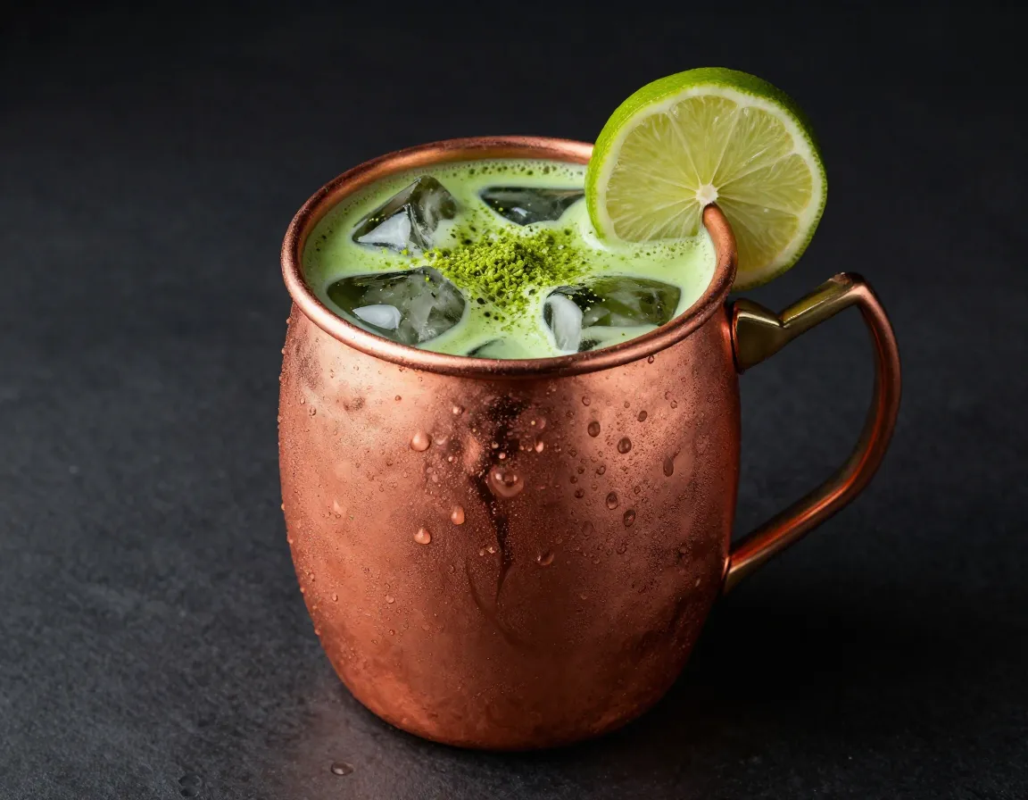Matcha moscow mule in a traditional copper mug