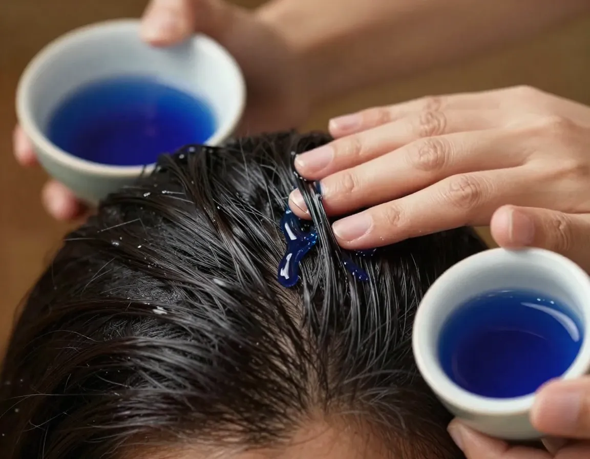Hair growth stimulation scalp health massage with blue tea rinse