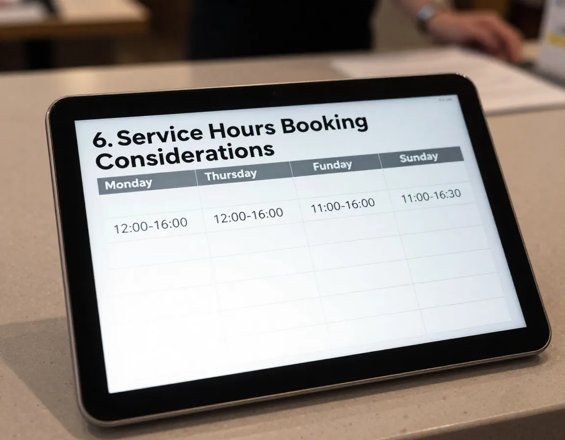 Service hours booking considerations monday thursday friday sunday schedule