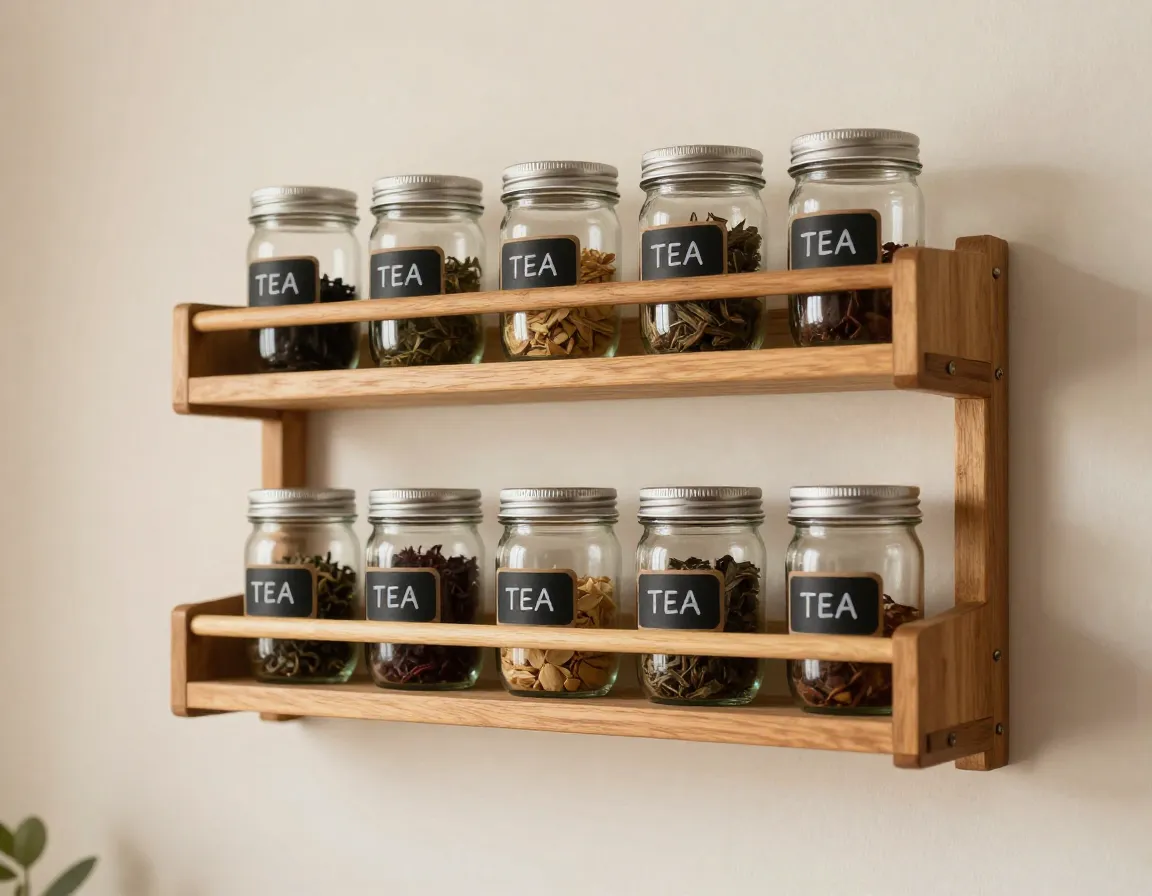 Wall mounted wooden rack holding a collection of labeled tea jars