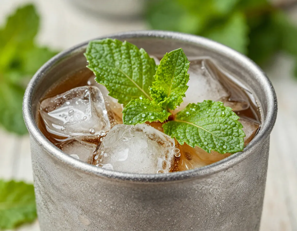 Bourbon sweet tea julep in a frosted metal cup