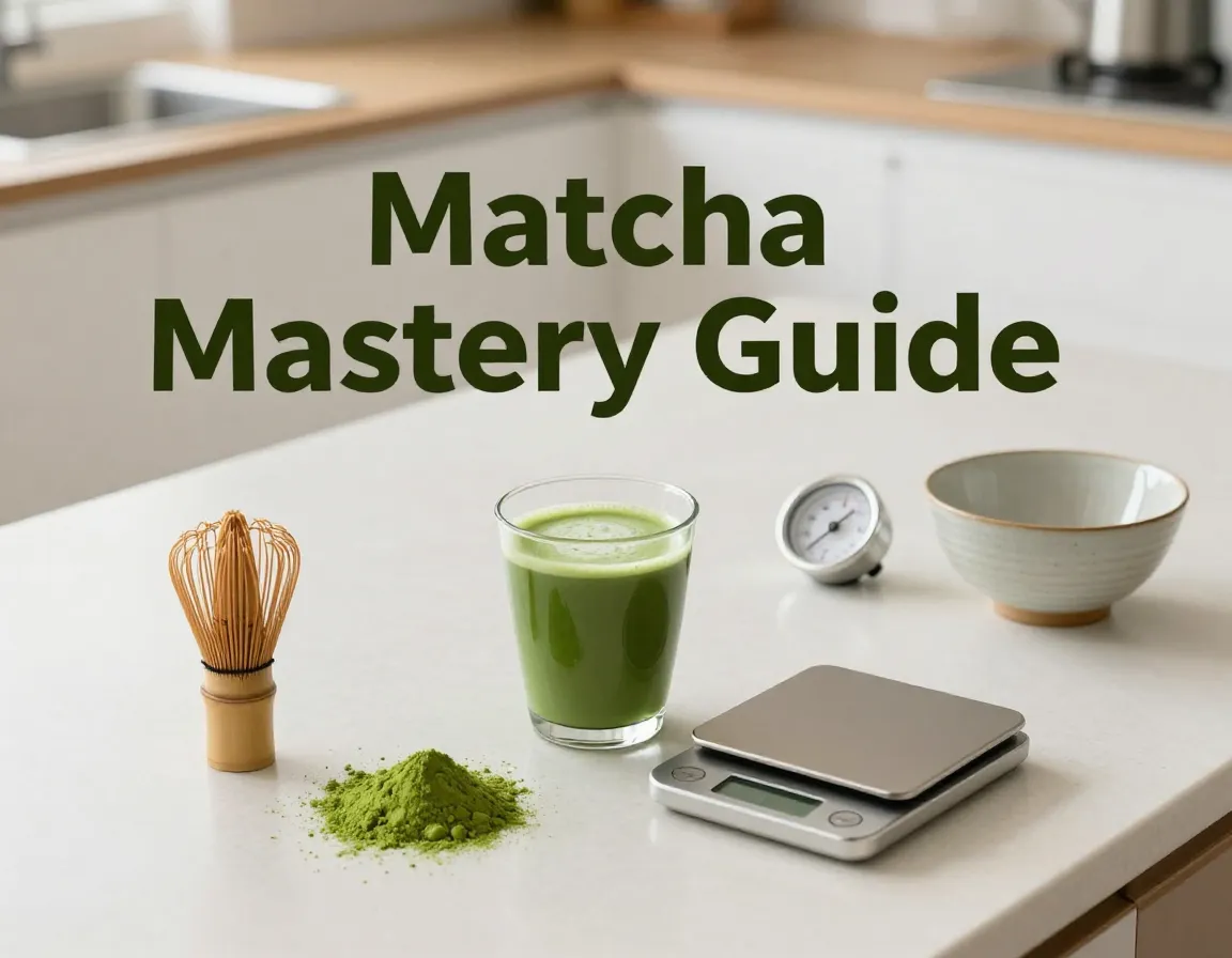 Overhead matcha latte preparation tools bamboo whisk scale