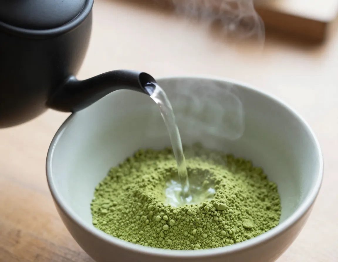 Pouring thirty milliliters of hot water into a bowl of matcha